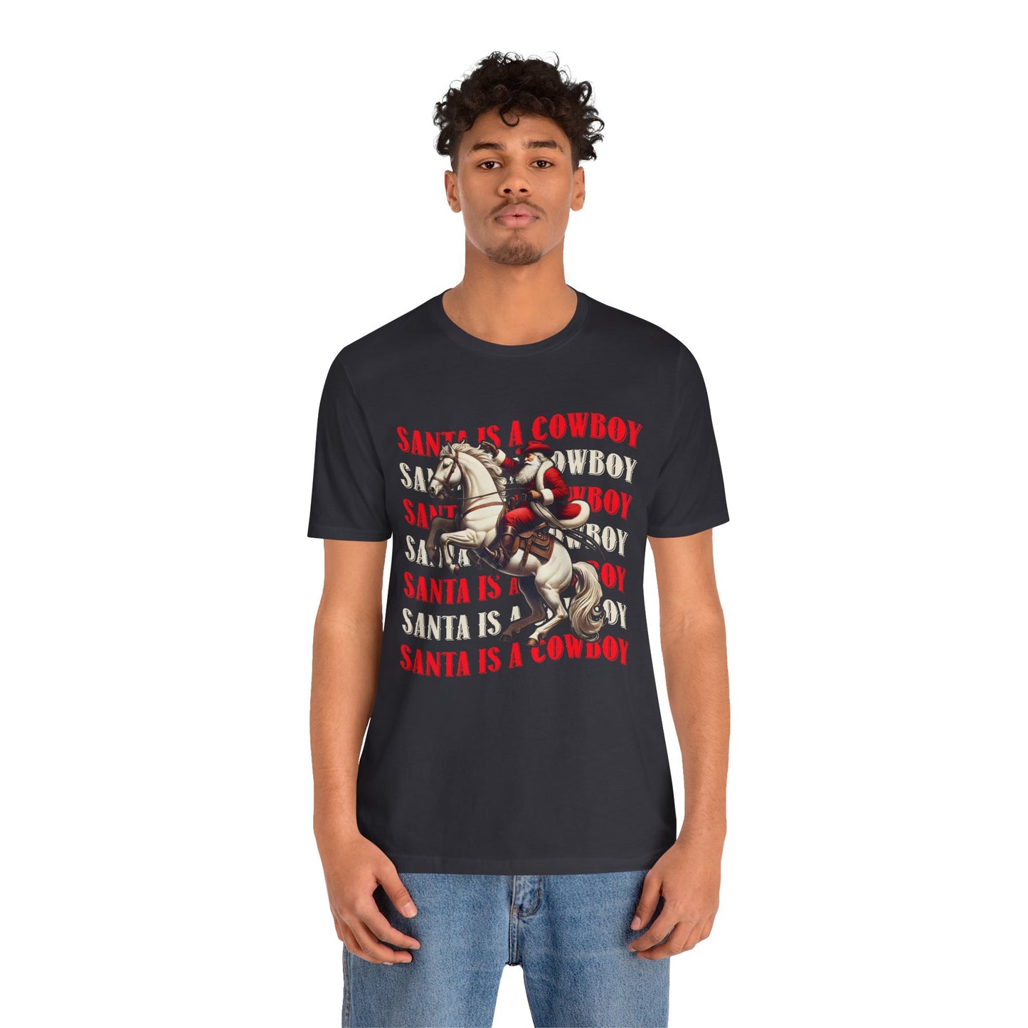 Santa Is a Cowboy Shirt – Western Christmas Tee, Texas Horseback Santa Claus