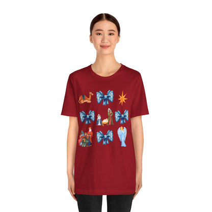 Nativity Scene Coquette Bow Shirt – Cute Christian Christmas Faith Holiday Tee
