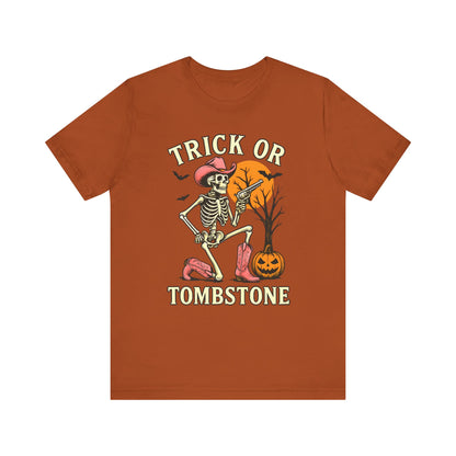 Trick or Tombstone Shirt Funny Skeleton Cowboy Halloween Tee, Spooky Western Rodeo Outfit