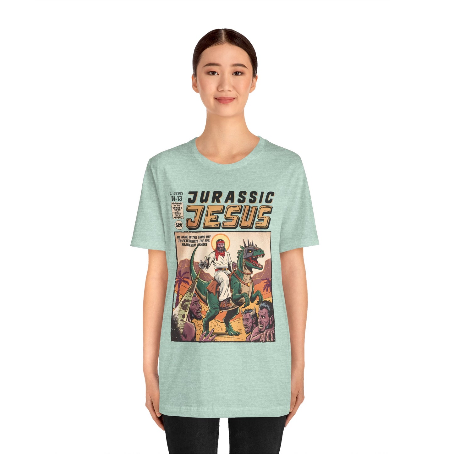 Jurassic Jesus Shirt – Dino-Riding Savior Comic Book Christian Tee
