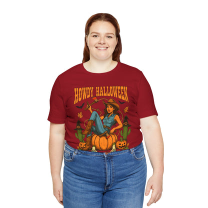 Howdy Halloween Shirt – Cowgirl on Pumpkin Tee with Skeleton Hands