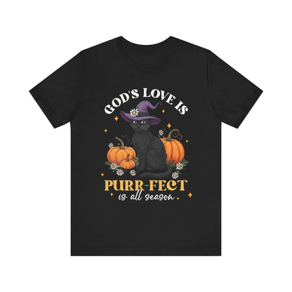 God’s Love Is Purr-fect Shirt – Cute Christian Black Cat Pumpkin Fall Faith Tee