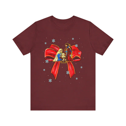 Nativity Scene Christmas Shirt – Coquette Bow Faith Tee, Jesus Holiday Pajama Top