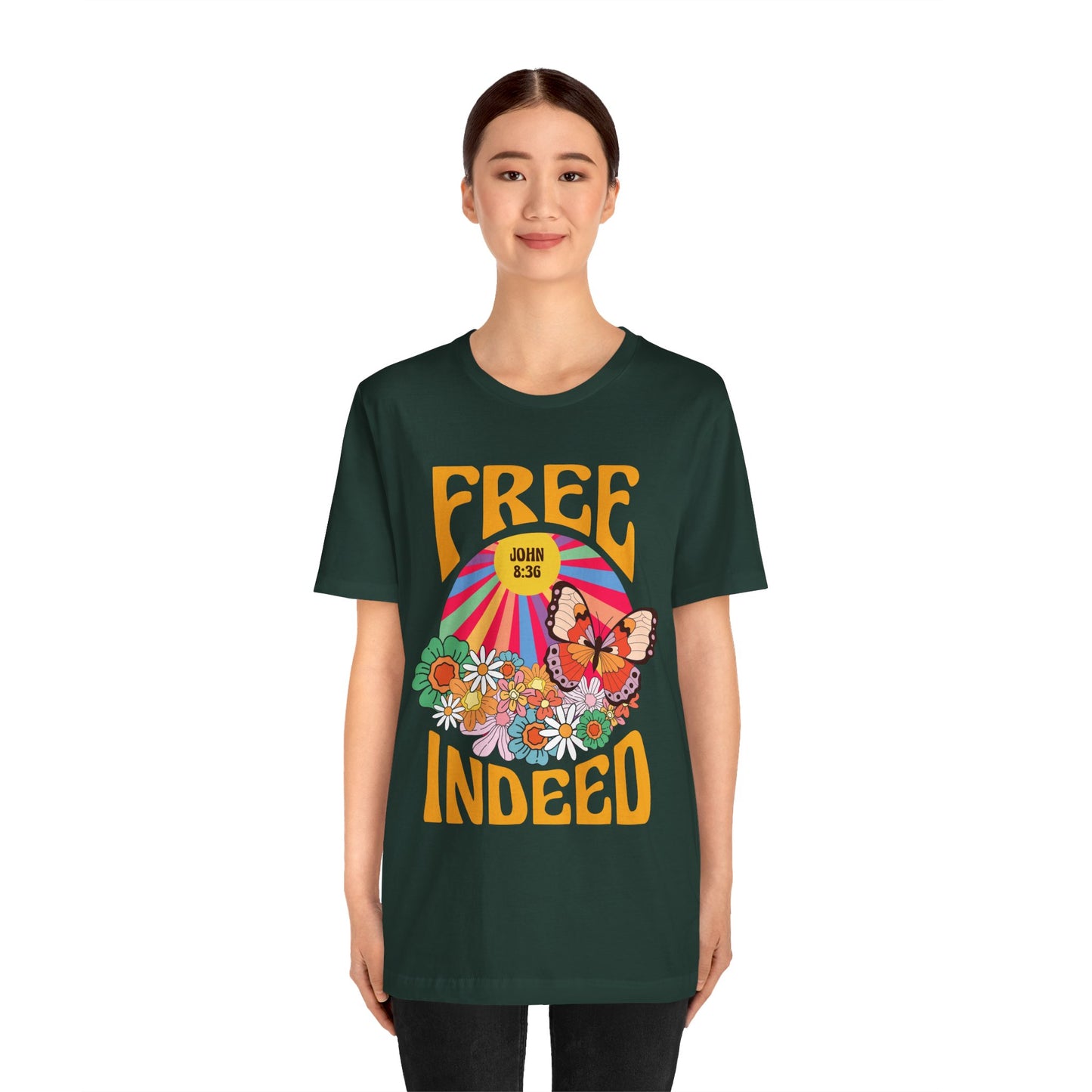 Free Indeed Shirt – Retro Flowers & Butterflies 80s John 8:36 Christian Tee