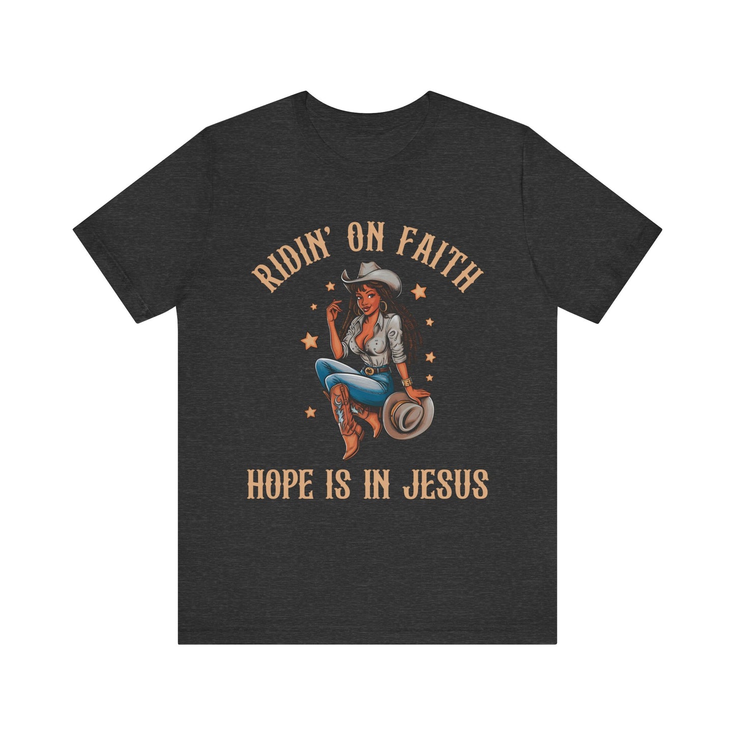 Ridin’ On Faith Cowgirl Shirt – Black Christian Western Jesus Tee