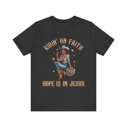 Ridin’ On Faith Cowgirl Shirt – Black Christian Western Jesus Tee