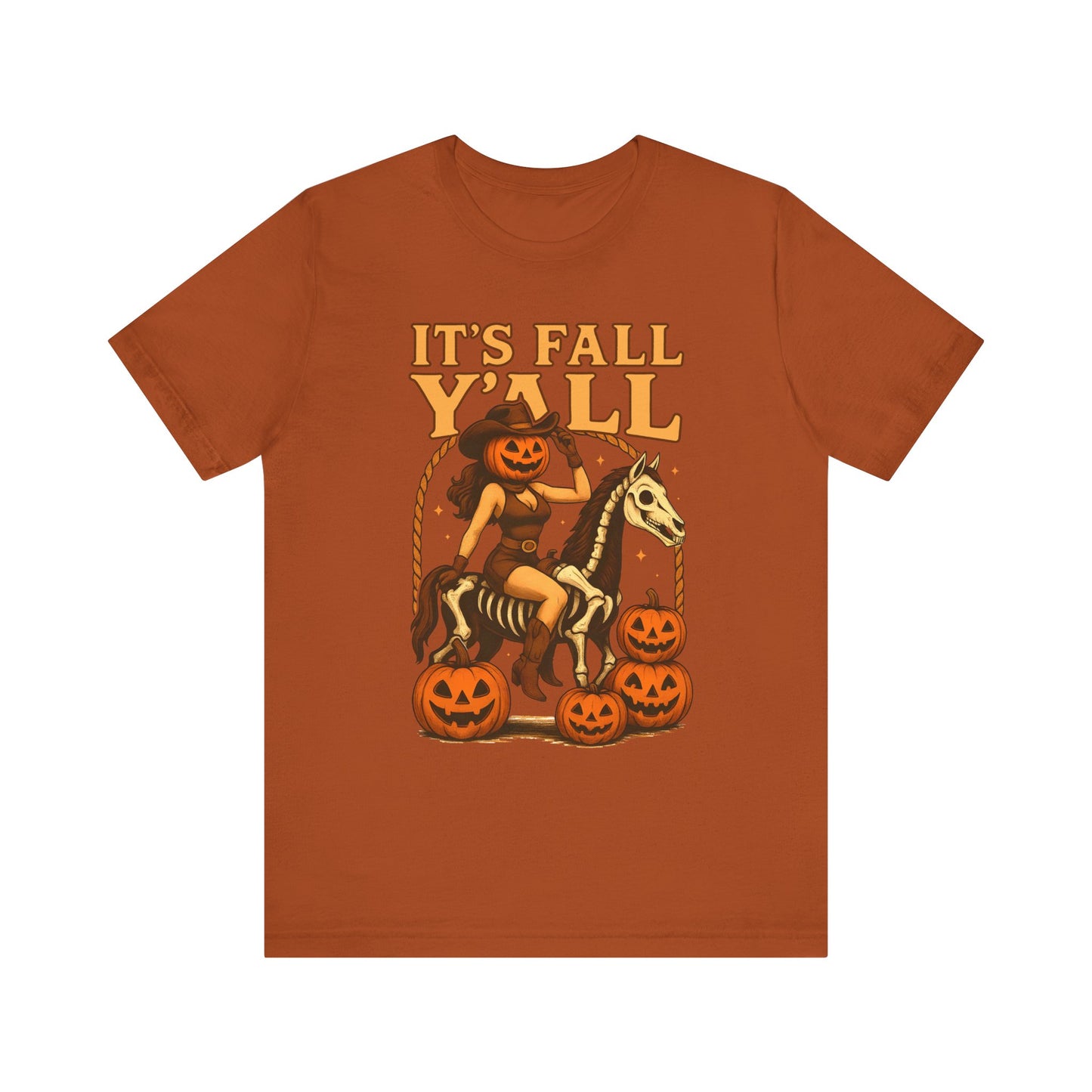 It’s Fall Y’all Shirt – Pumpkin Head Cowgirl Skeleton Horse Western Tee