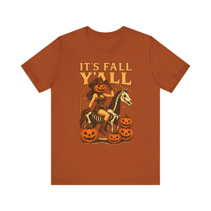 It’s Fall Y’all Shirt – Pumpkin Head Cowgirl Skeleton Horse Western Tee