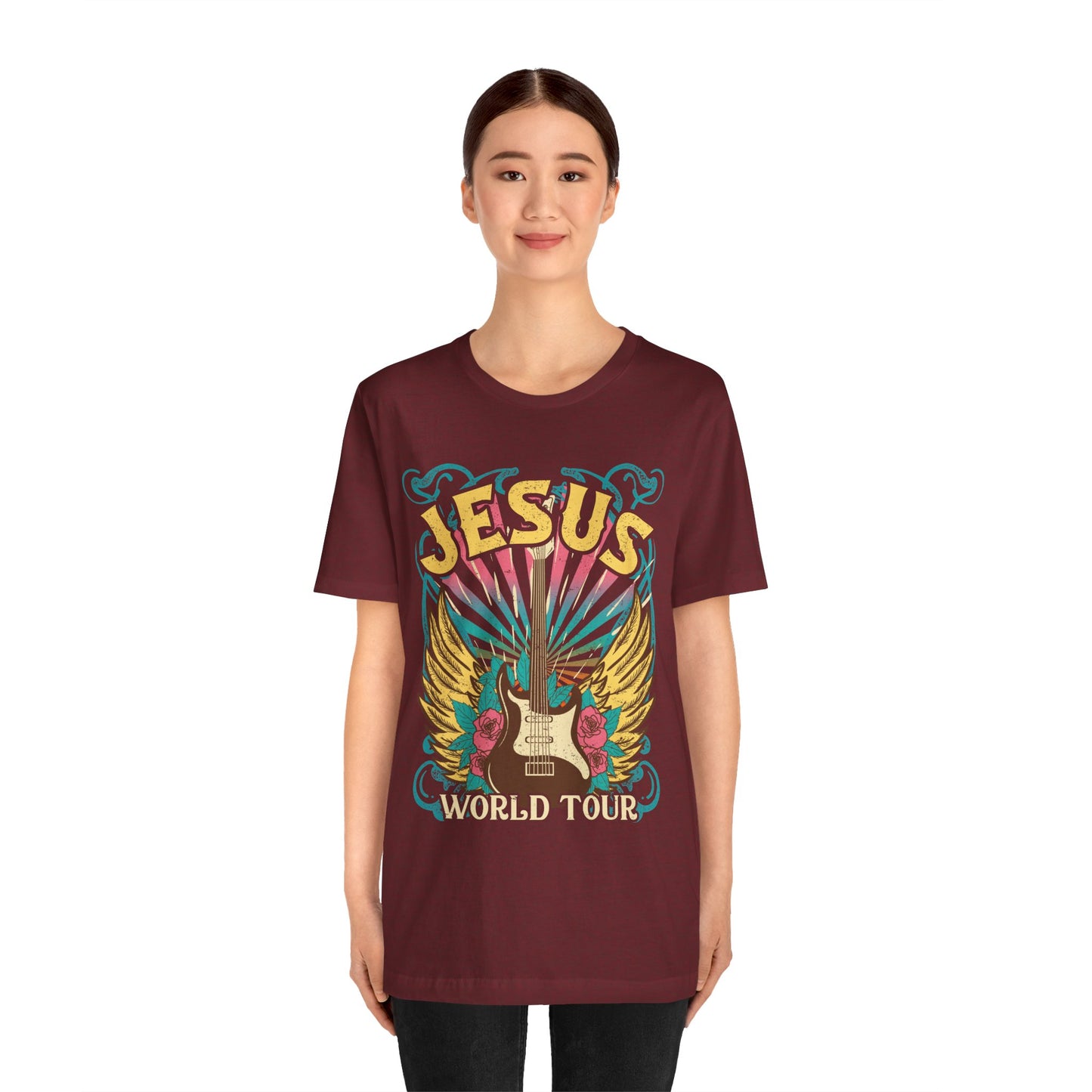 Jesus World Tour Shirt – Retro 70s 80s Rock Concert Guitar Christian Tee