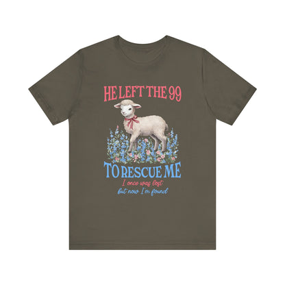 He Left the 99 to Rescue Me Shirt – Christian Lamb Flowers Faith Tee