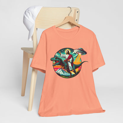Jesus Riding Dinosaur Shirt – UFO Alien Cross Retro Christian God Tee