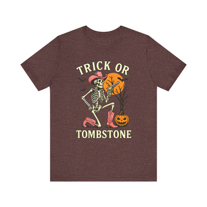 Trick or Tombstone Shirt Funny Skeleton Cowboy Halloween Tee, Spooky Western Rodeo Outfit