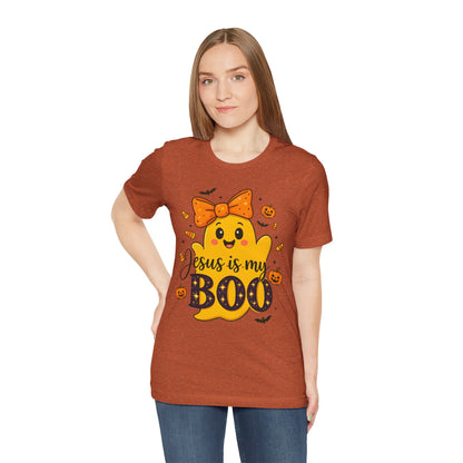 Jesus Is My Boo Shirt – Cute Christian Ghost with Bow Halloween Faith Tee