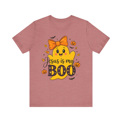 Jesus Is My Boo Shirt – Cute Christian Ghost with Bow Halloween Faith Tee