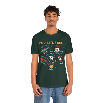 God Says I Am Kids Shirt – Christian Astronaut Space Galaxy Bible Affirmation Tee