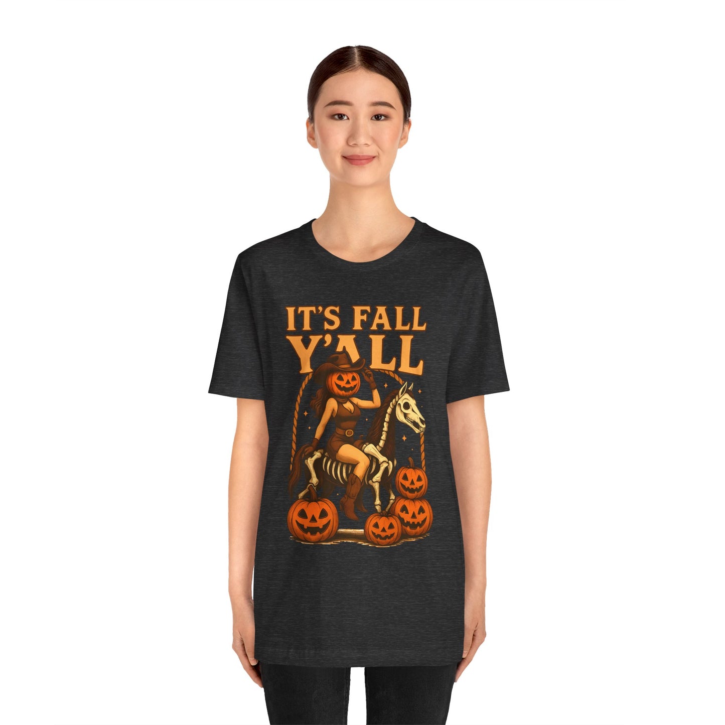 It’s Fall Y’all Shirt – Pumpkin Head Cowgirl Skeleton Horse Western Tee