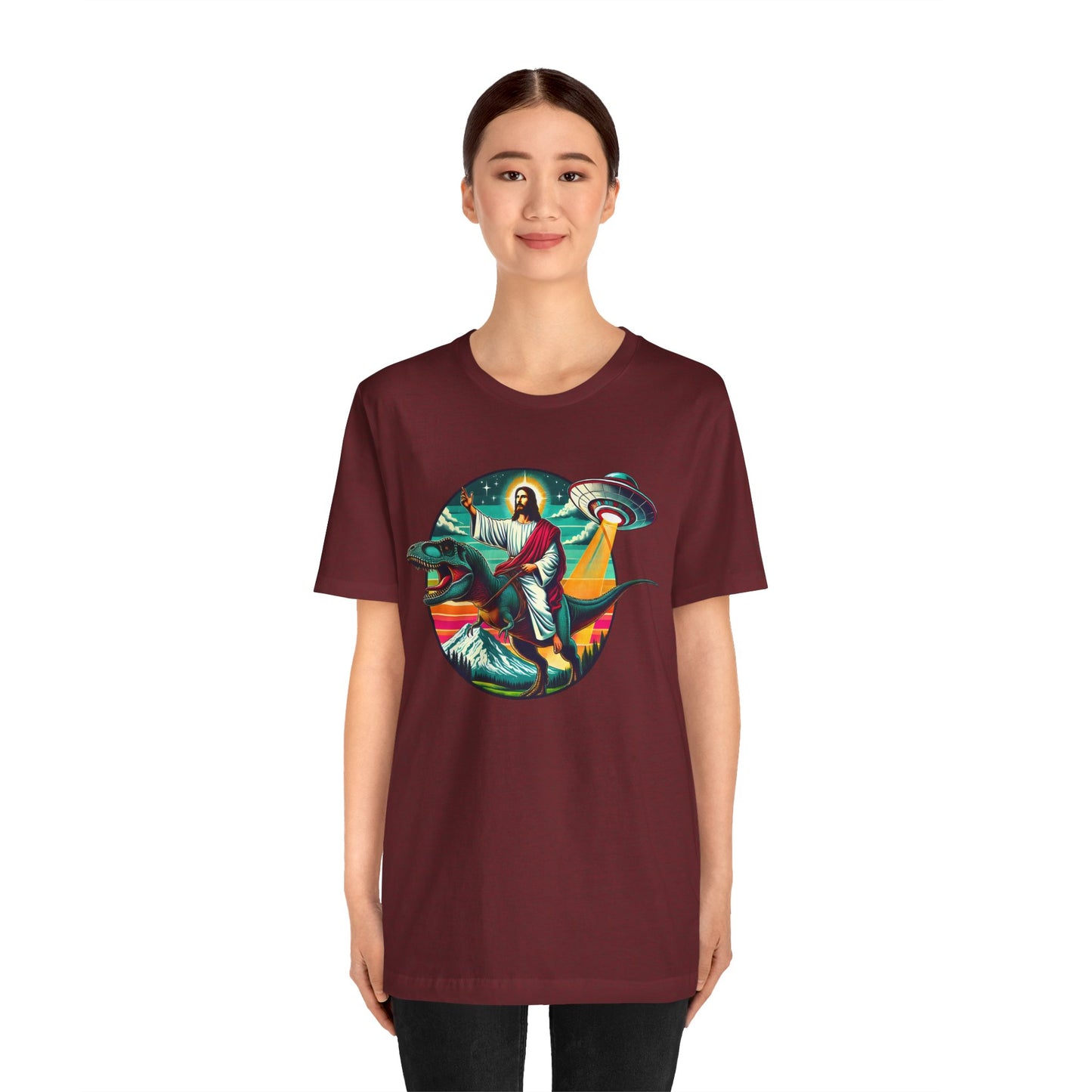 Jesus Riding Dinosaur Shirt – UFO Alien Cross Retro Christian God Tee