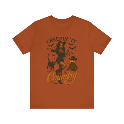Creepin’ It Country Shirt – Spooky Cowgirl Pumpkin Western Halloween Tee