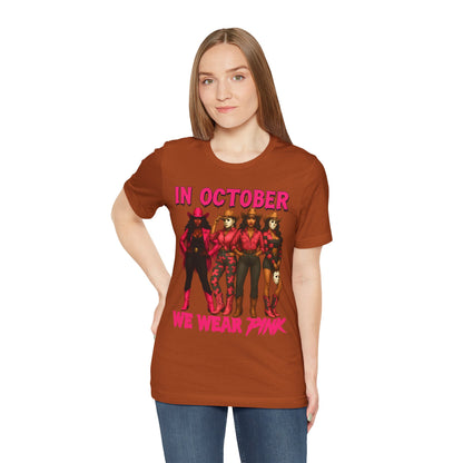 In October We Wear Pink Shirt – Western Cowgirl Squad Halloween Awareness Tee