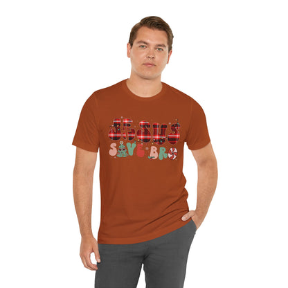 Groovy Jesus Saves Bro Shirt – Retro Red Plaid Christian Christmas Tee
