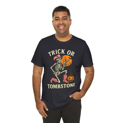 Trick or Tombstone Shirt Funny Skeleton Cowboy Halloween Tee, Spooky Western Rodeo Outfit