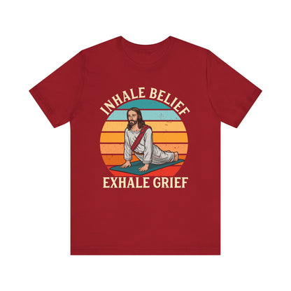 Jesus Inhale Belief Exhale Grief Shirt – Christian Yoga Retro Faith Wellness Tee
