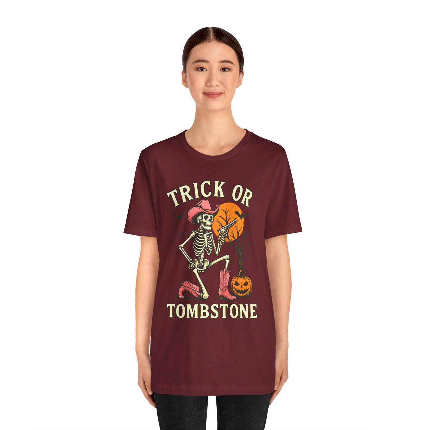 Trick or Tombstone Shirt Funny Skeleton Cowboy Halloween Tee, Spooky Western Rodeo Outfit