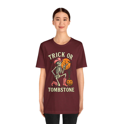 Trick or Tombstone Shirt Funny Skeleton Cowboy Halloween Tee, Spooky Western Rodeo Outfit