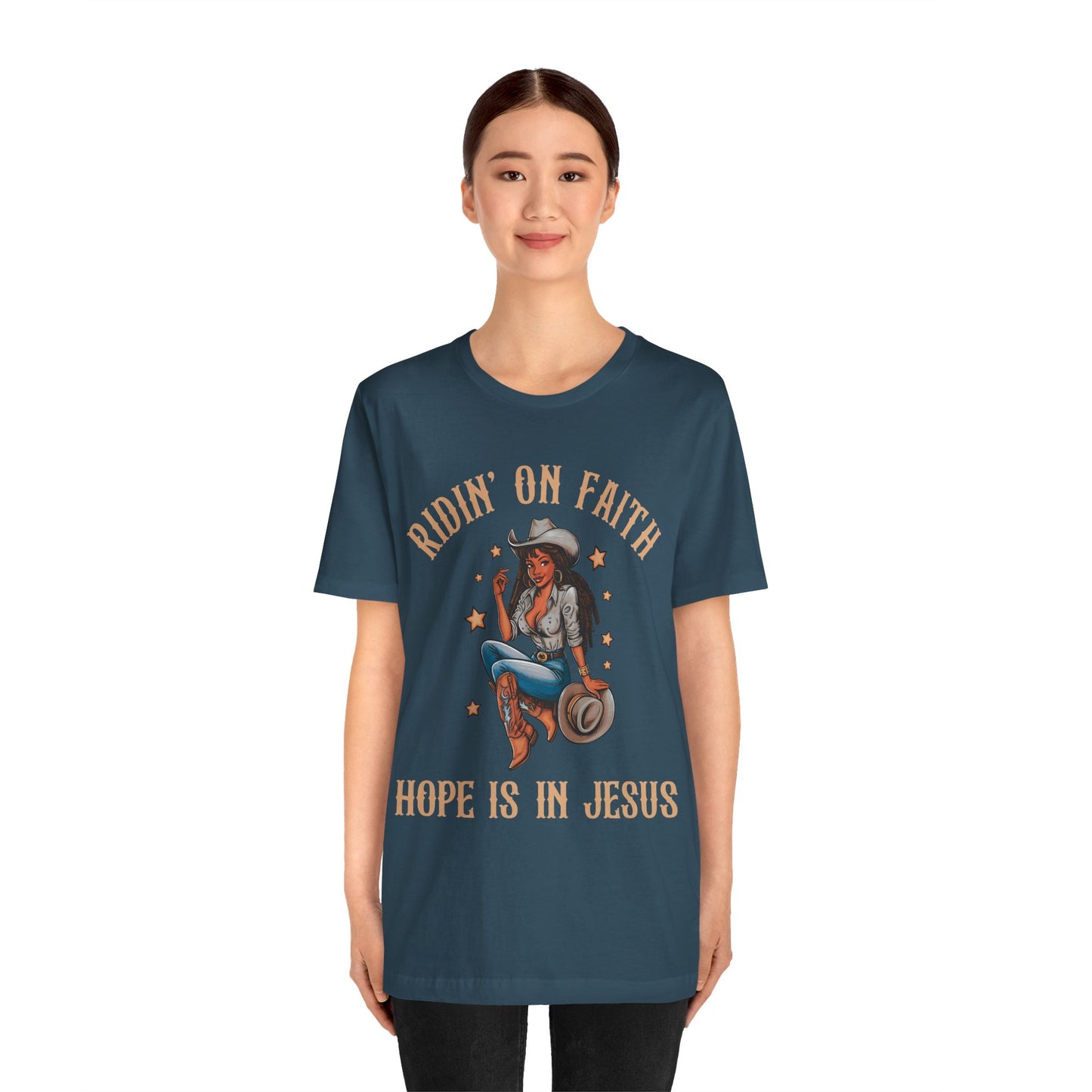 Ridin’ On Faith Cowgirl Shirt – Black Christian Western Jesus Tee
