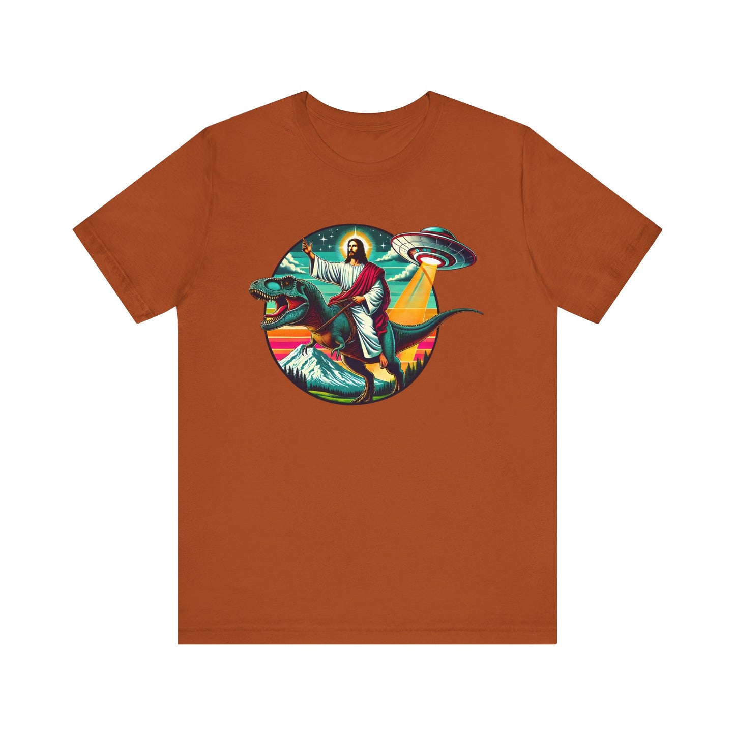 Jesus Riding Dinosaur Shirt – UFO Alien Cross Retro Christian God Tee