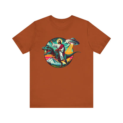 Jesus Riding Dinosaur Shirt – UFO Alien Cross Retro Christian God Tee