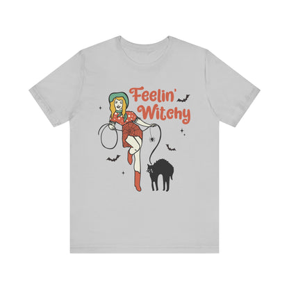 Feelin’ Witchy Shirt Vintage Pin-Up Witch & Black Cat Halloween Tee