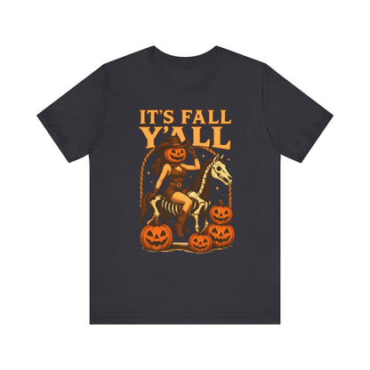 It’s Fall Y’all Shirt – Pumpkin Head Cowgirl Skeleton Horse Western Tee