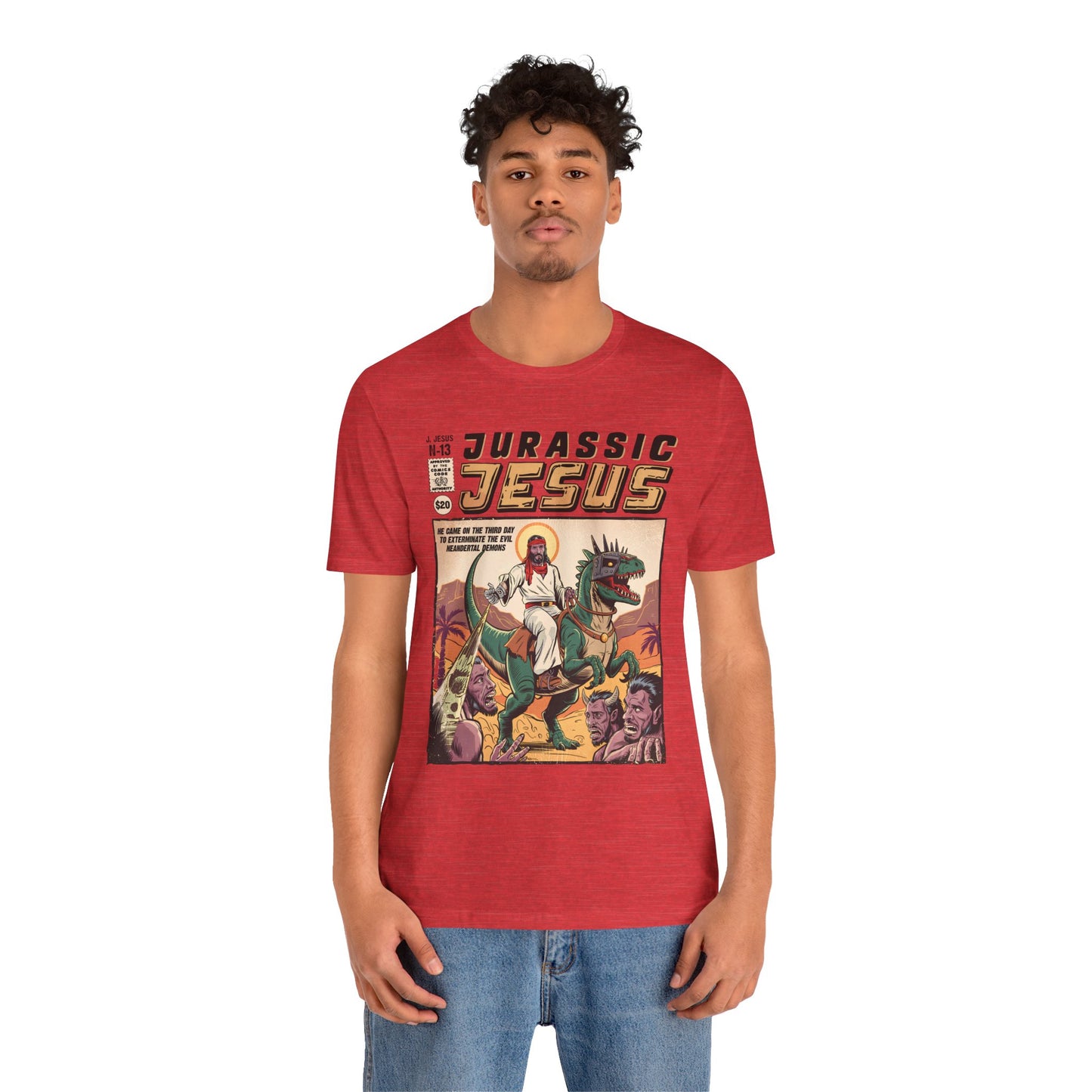 Jurassic Jesus Shirt – Dino-Riding Savior Comic Book Christian Tee
