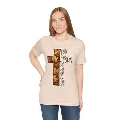 Fall for Jesus He Never Leaves Shirt – Retro Christian Cross Thanksgiving Tee