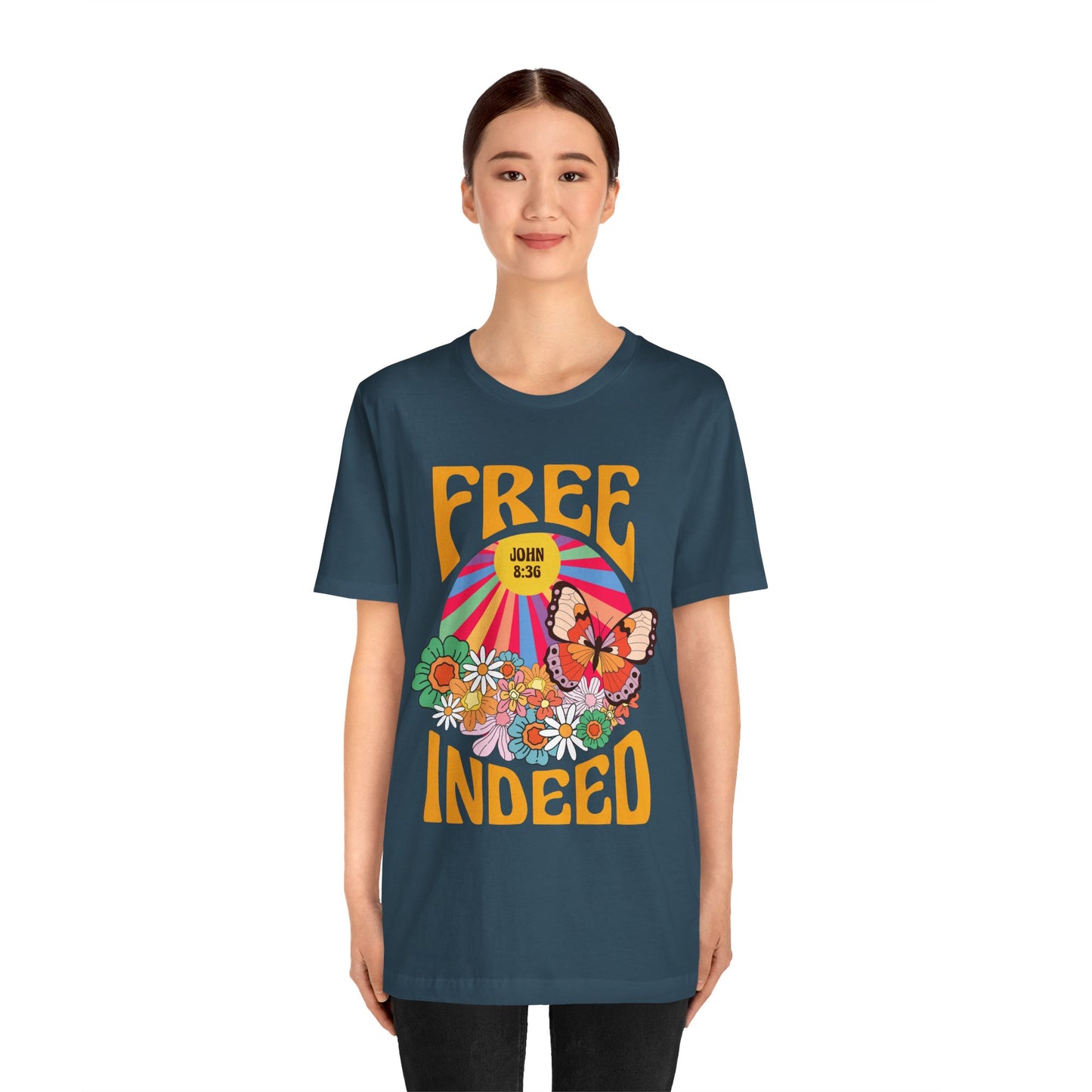 Free Indeed Shirt – Retro Flowers & Butterflies 80s John 8:36 Christian Tee