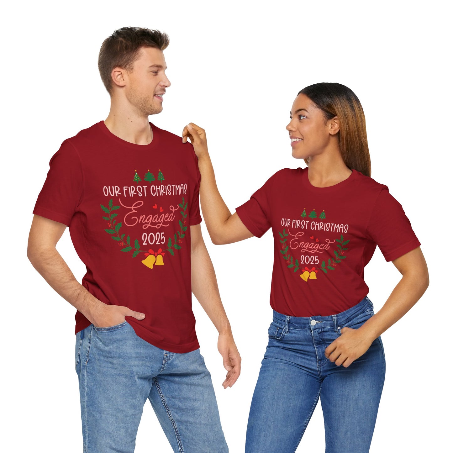 Our First Christmas Engaged 2025 Shirt – Holiday Couple Engagement Gift Tee