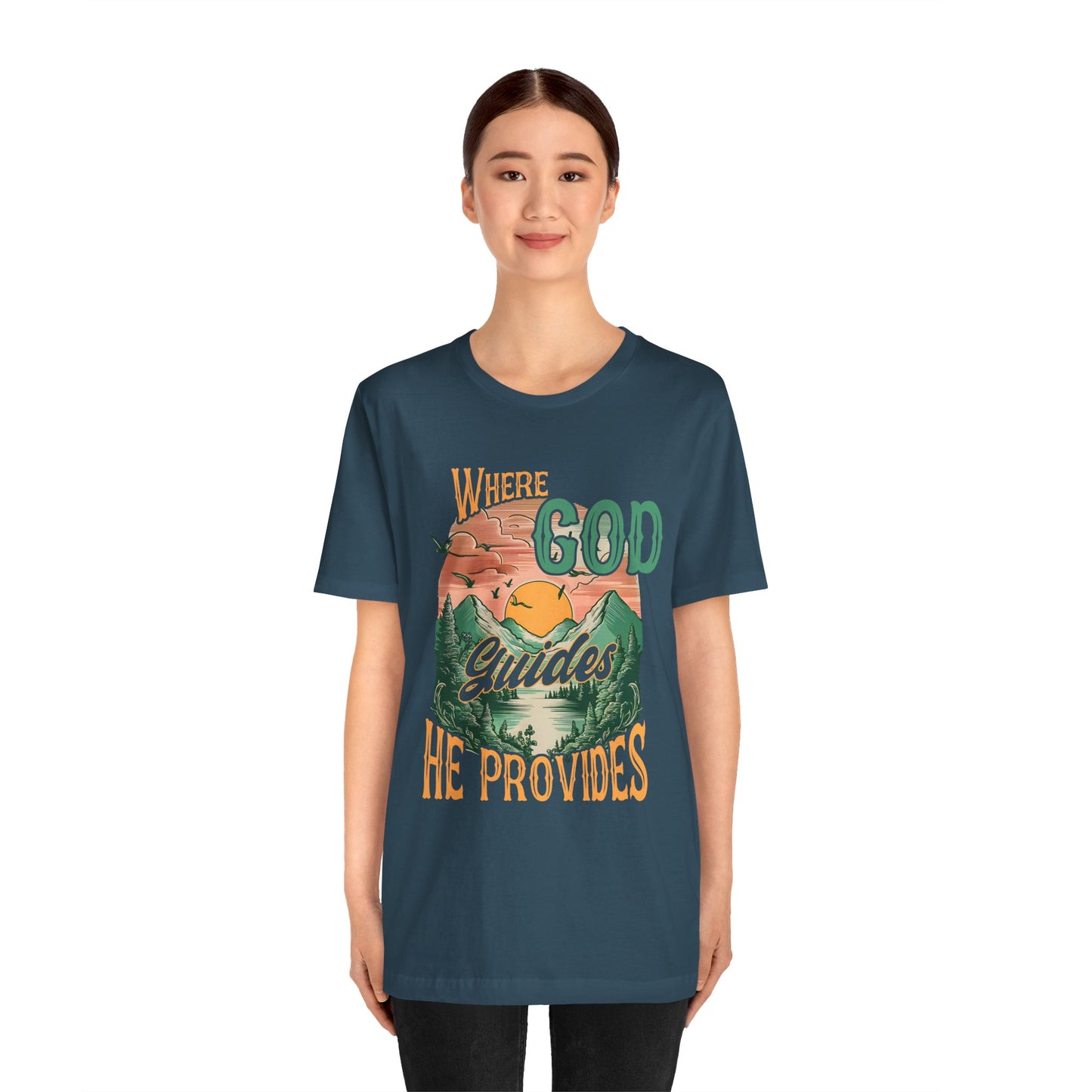 Where God Guides He Provides Shirt – Mountain Sunset Retro Christian Tee