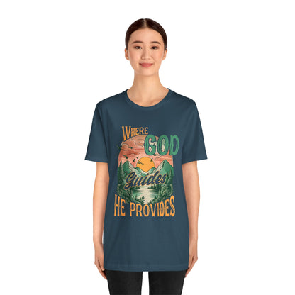 Where God Guides He Provides Shirt – Mountain Sunset Retro Christian Tee