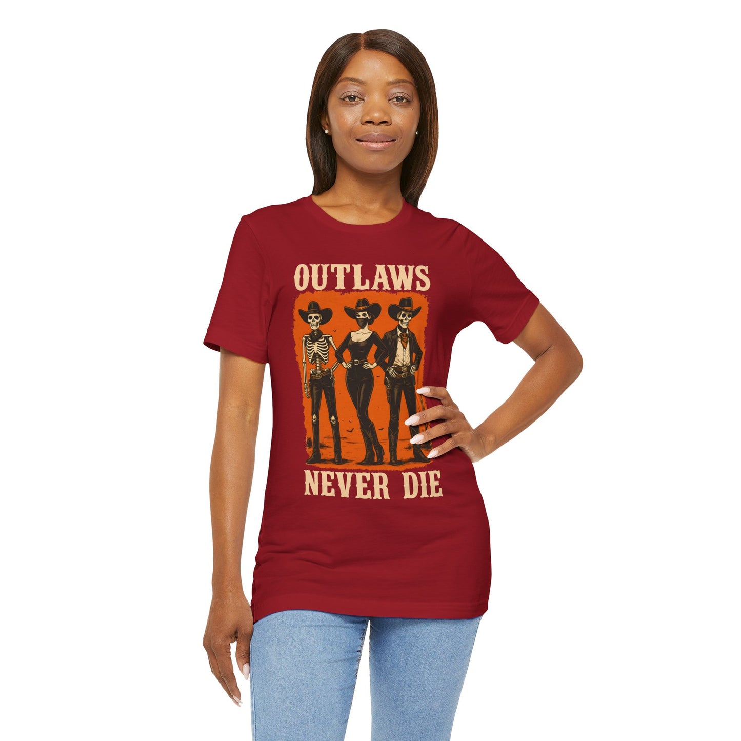 Outlaws Never Die Shirt – Gothic Western Skeleton Cowboy Halloween Tee