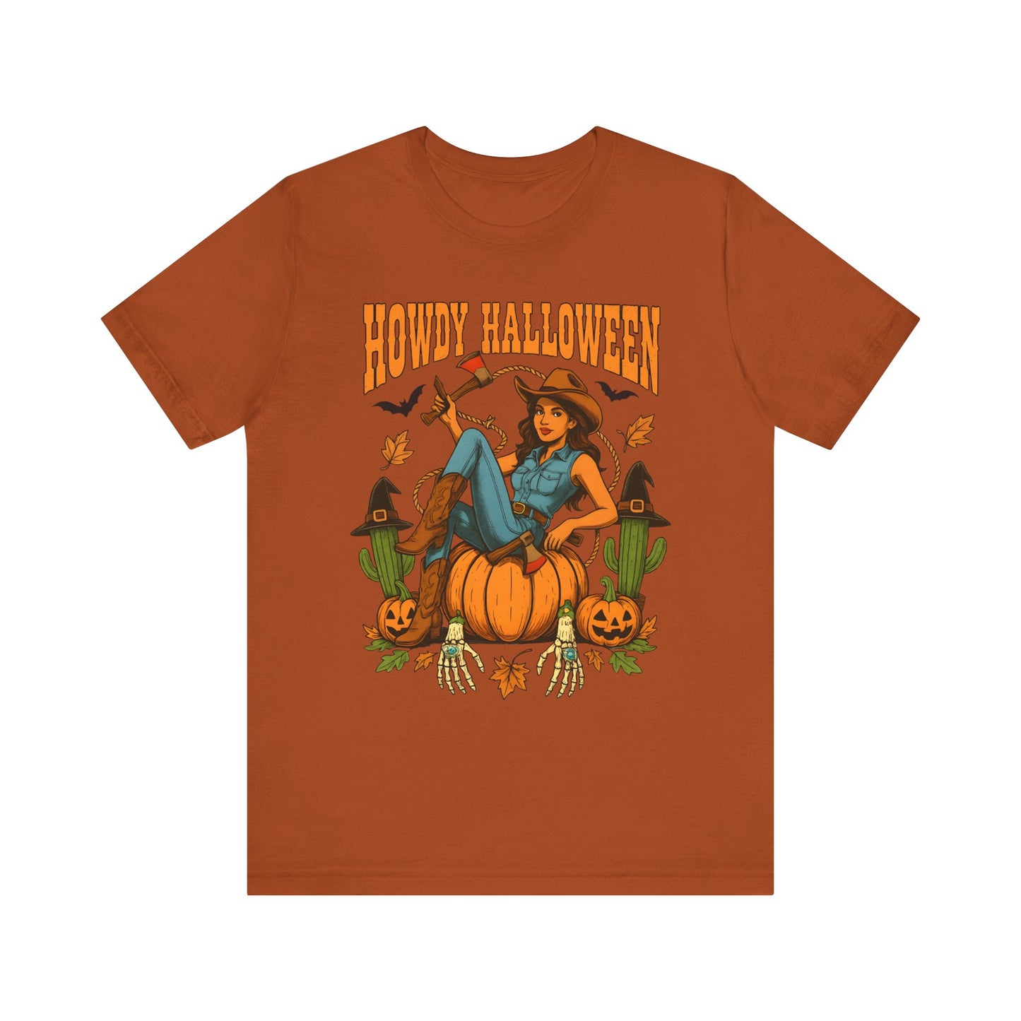 Howdy Halloween Shirt – Cowgirl on Pumpkin Tee with Skeleton Hands