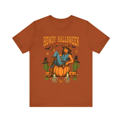 Howdy Halloween Shirt – Cowgirl on Pumpkin Tee with Skeleton Hands