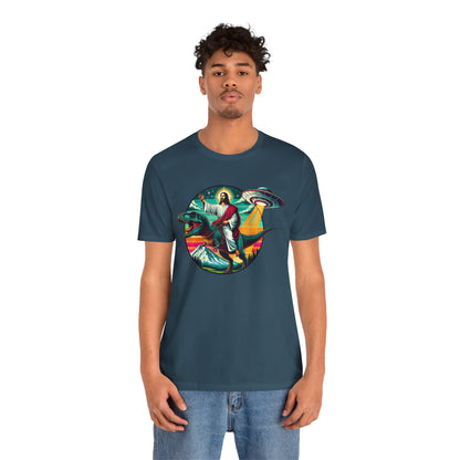 Jesus Riding Dinosaur Shirt – UFO Alien Cross Retro Christian God Tee