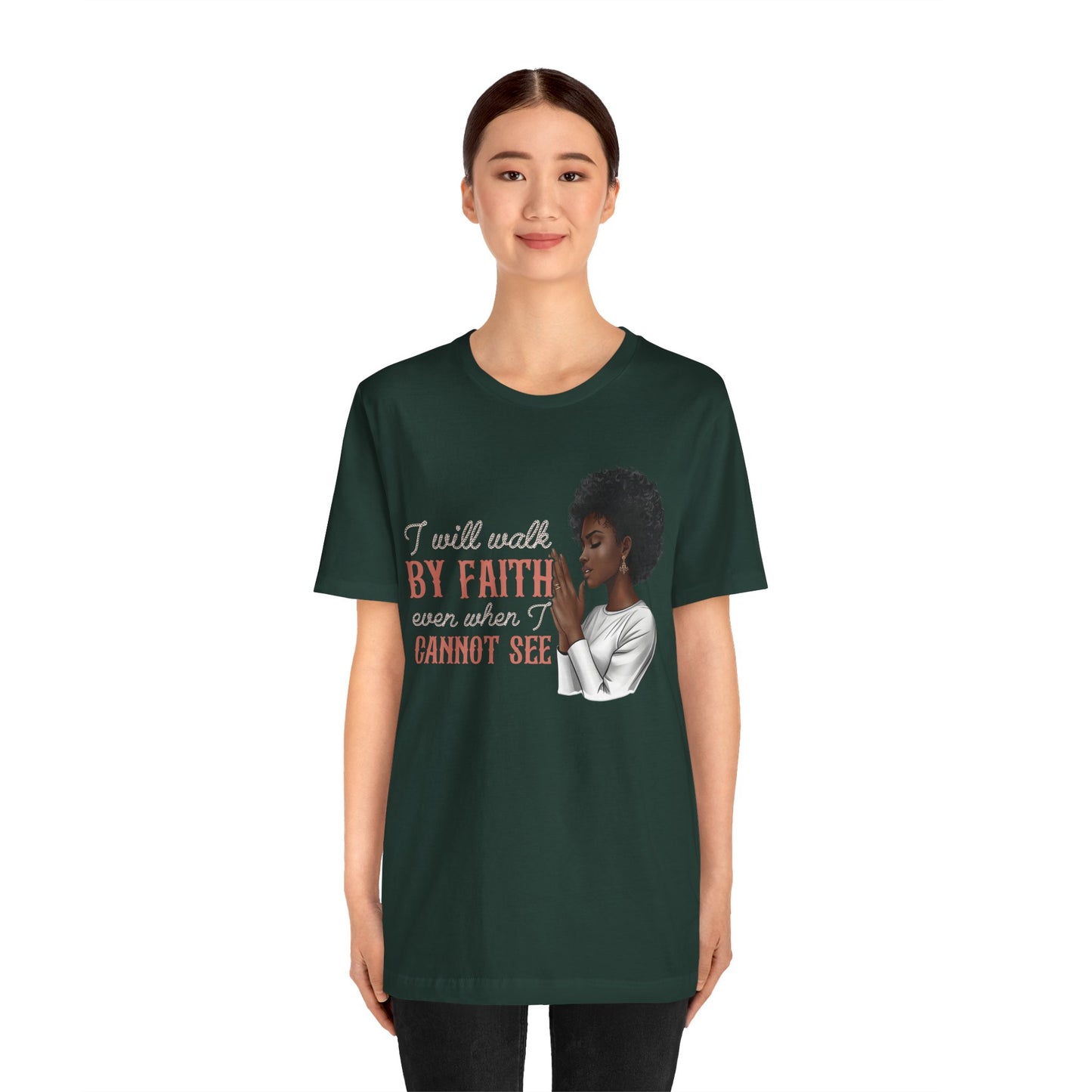 I Will Walk by Faith Shirt – Black Woman Praying Christian Bible Verse Tee