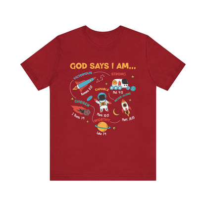 God Says I Am Kids Shirt – Christian Astronaut Space Galaxy Bible Affirmation Tee