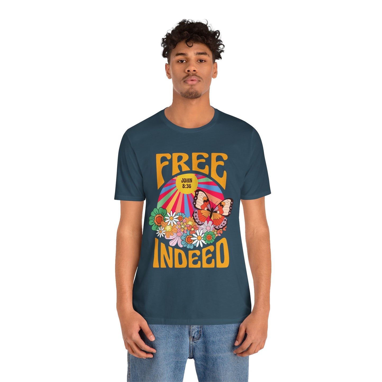 Free Indeed Shirt – Retro Flowers & Butterflies 80s John 8:36 Christian Tee