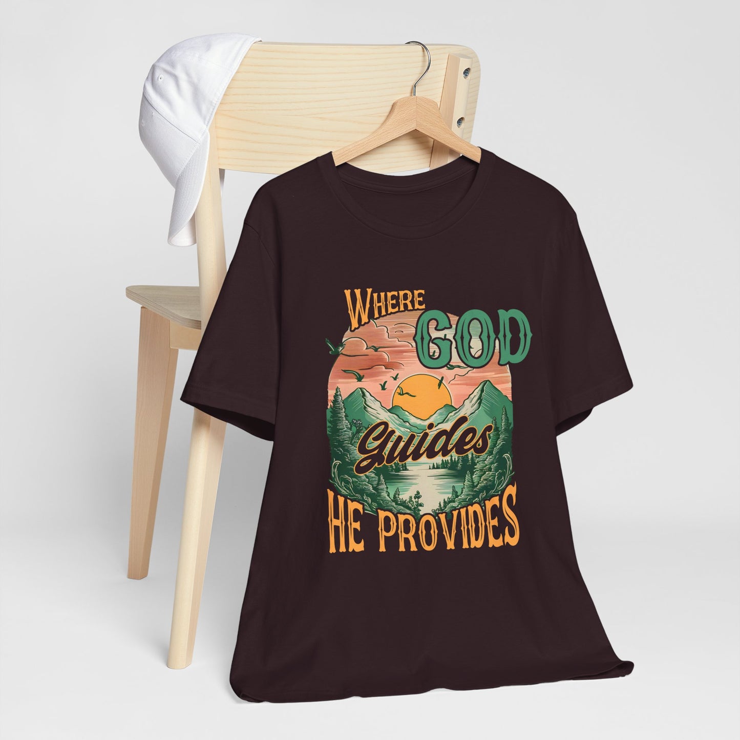 Where God Guides He Provides Shirt – Mountain Sunset Retro Christian Tee