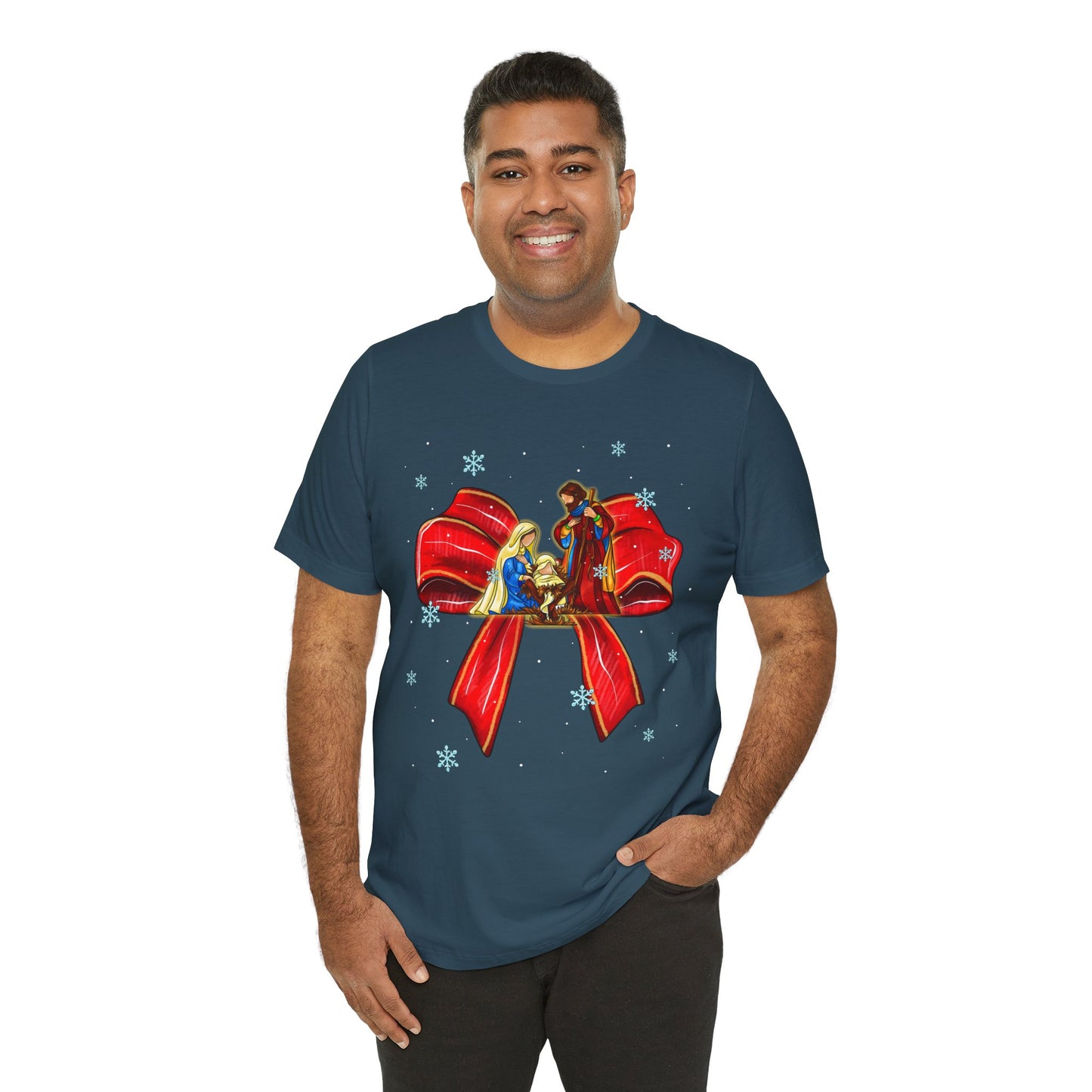 Nativity Scene Christmas Shirt – Coquette Bow Faith Tee, Jesus Holiday Pajama Top