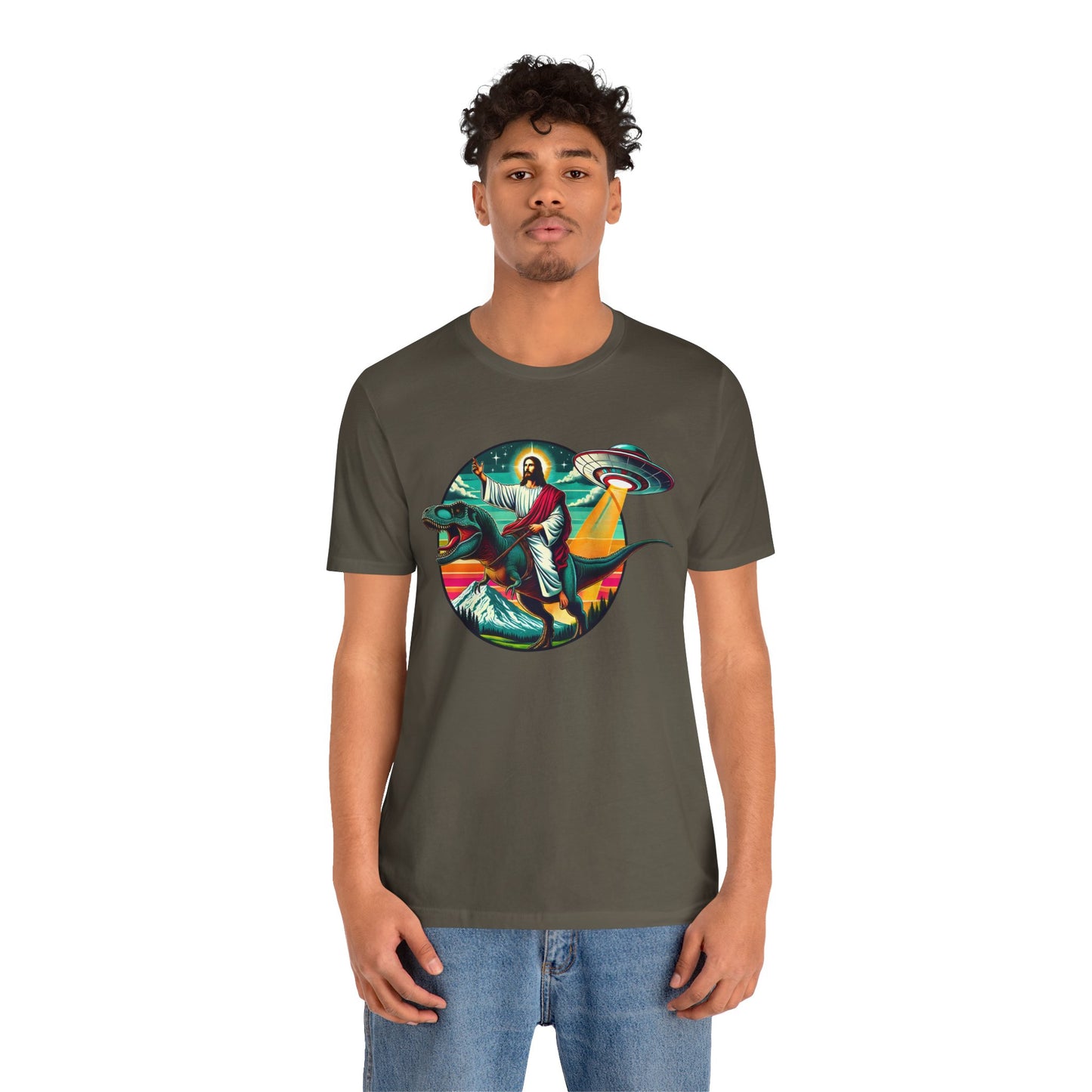 Jesus Riding Dinosaur Shirt – UFO Alien Cross Retro Christian God Tee