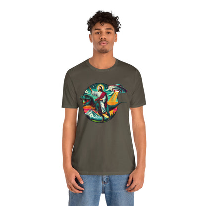 Jesus Riding Dinosaur Shirt – UFO Alien Cross Retro Christian God Tee